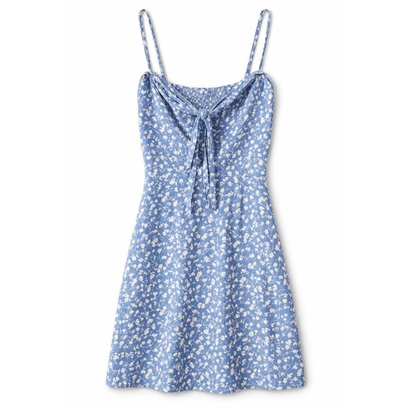 Reformation Blue Floral Smocked Back Tie Front Mini Dress Size 6 - Picture 2 of 7